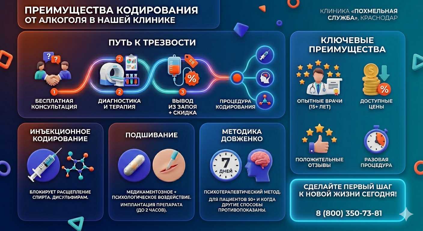 Инфографика о методах кодирования от алкоголя в Романовской: инъекции, подшивание, метод Довженко. Преимущества клиники и этапы лечения.