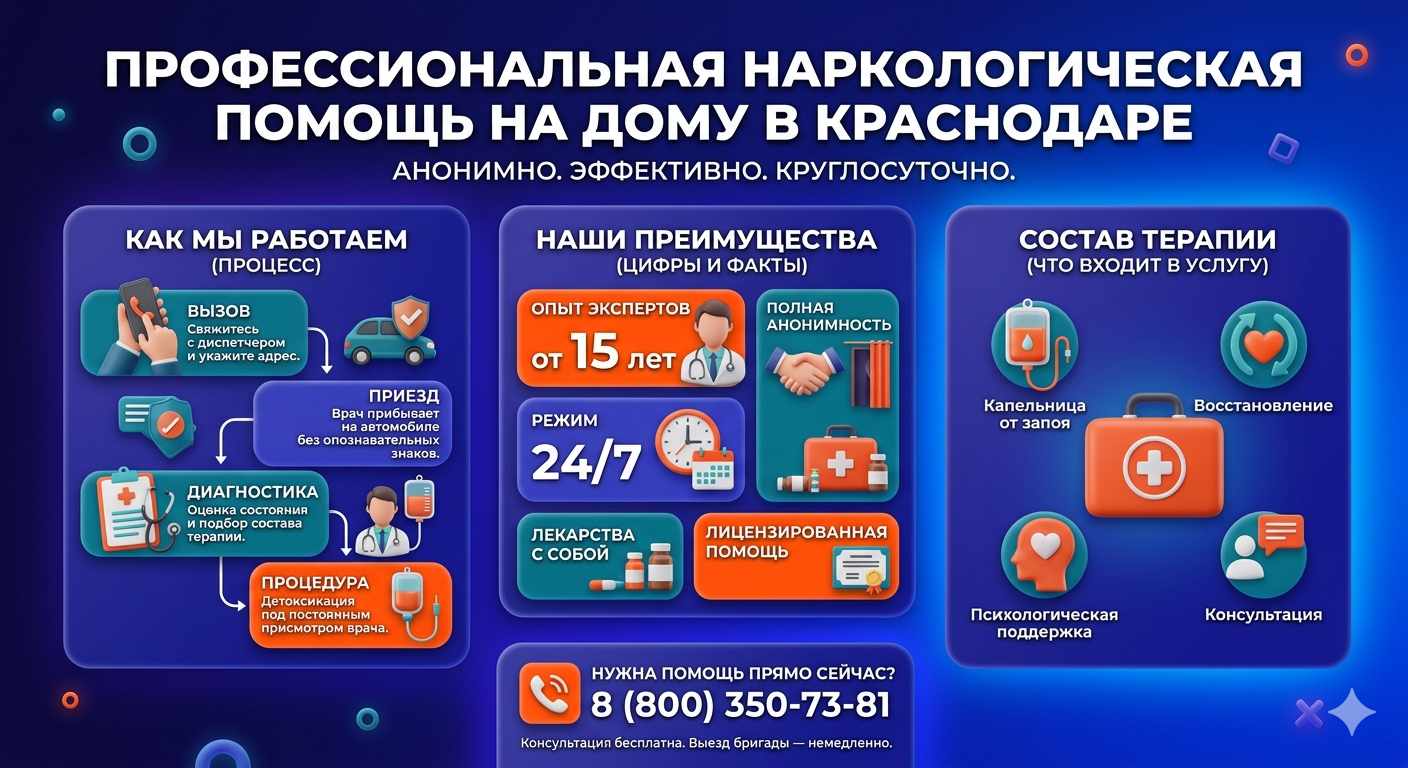 Инфографика о принципах лечения алкоголизма на дому в Романовской: этапы вызова нарколога, преимущества анонимной детоксикации и состав медицинской помощи.